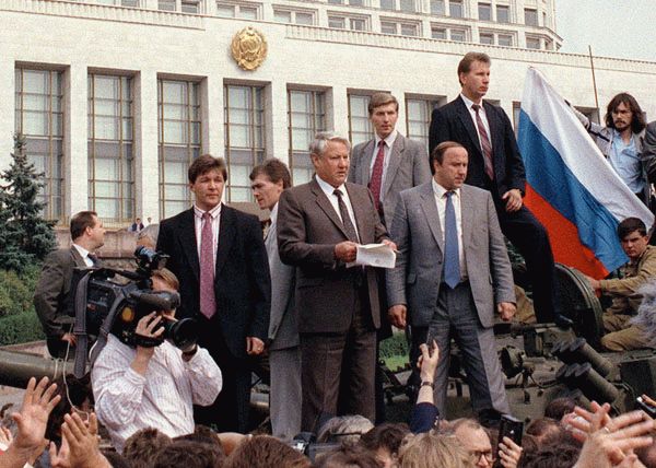 File photo of Boris Yeltsin outside parliament in Moscow
